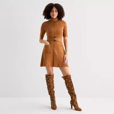 Willow Glenn Womens Short Sleeve Belted Sweater Dress
