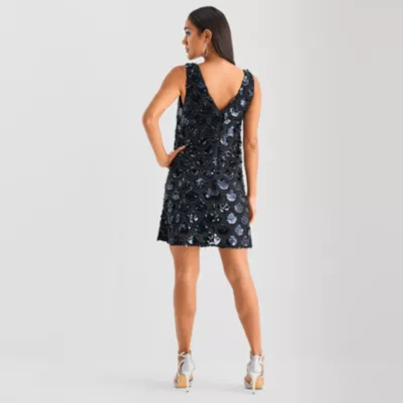 Bob Mackie Womens Sleeveless Sequin A-Line Dress