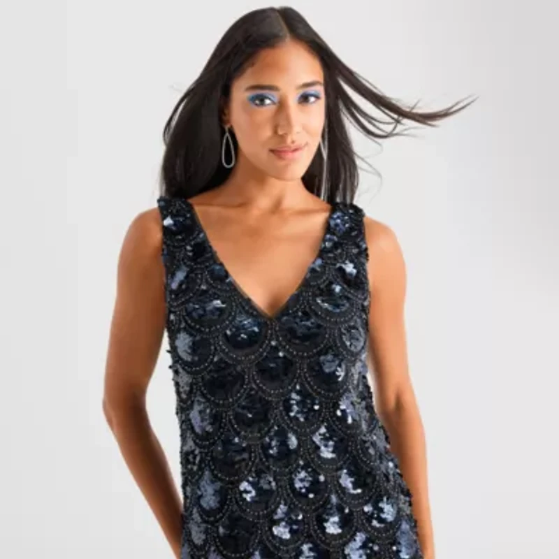 Bob Mackie Womens Sleeveless Sequin A-Line Dress