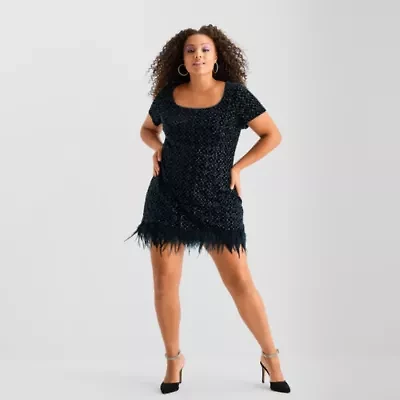 Bob Mackie Womens Plus Short Sleeve A-Line Dress