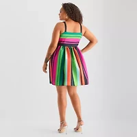 Bob Mackie Womens Plus Sleeveless Striped Fit + Flare Dress