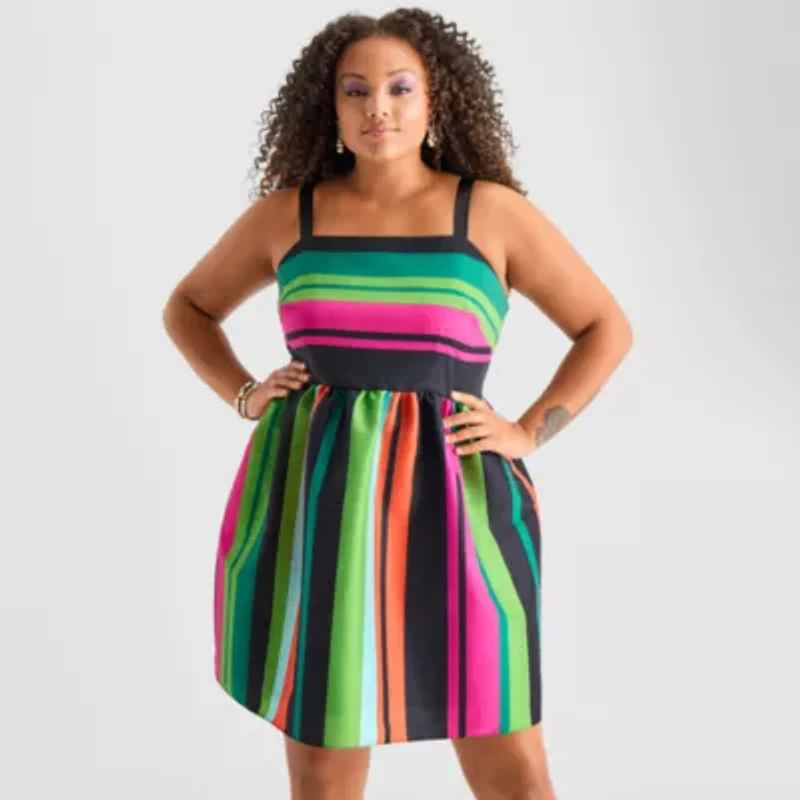 Bob Mackie Womens Plus Sleeveless Striped Fit + Flare Dress
