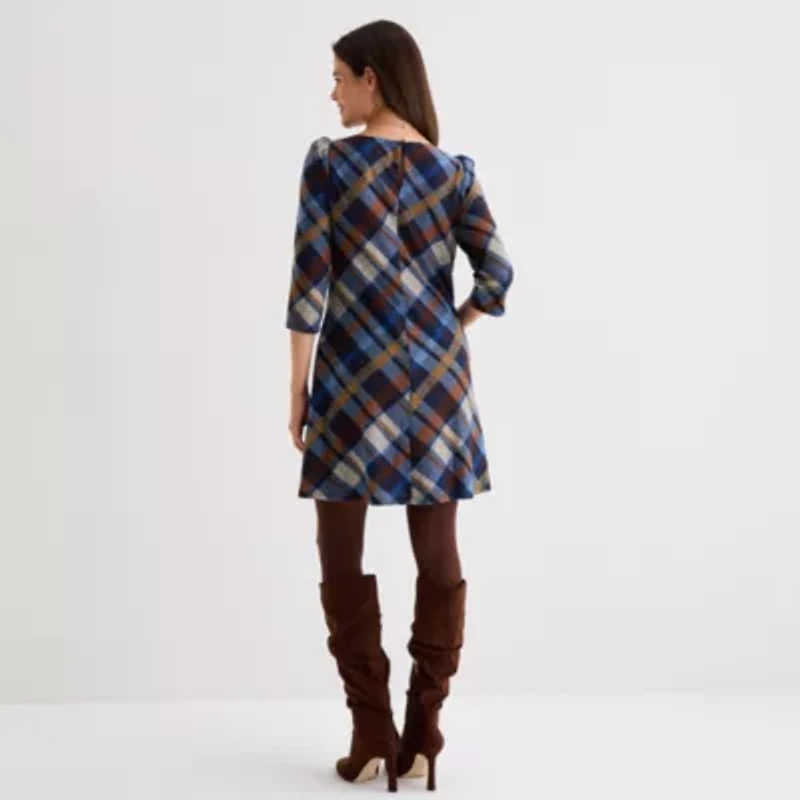 Jessica Howard Womens 3/4 Sleeve Plaid Shift Dress