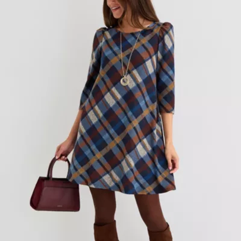 Jessica Howard Womens 3/4 Sleeve Plaid Shift Dress