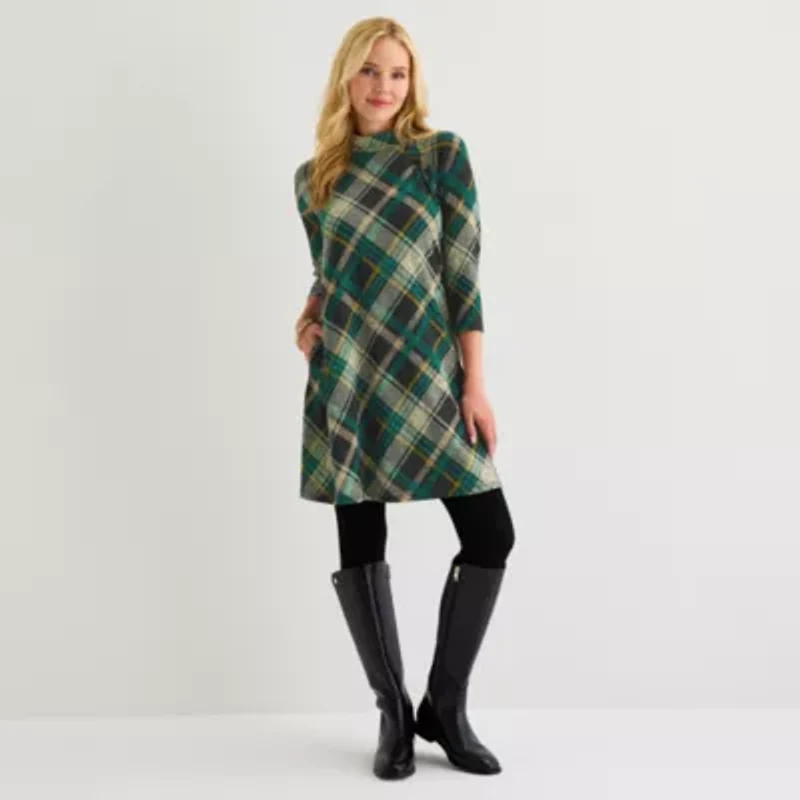 Jessica Howard Womens 3/4 Sleeve Plaid Shift Dress