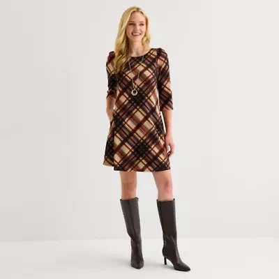 Jessica Howard Womens 3/4 Sleeve Plaid Shift Dress