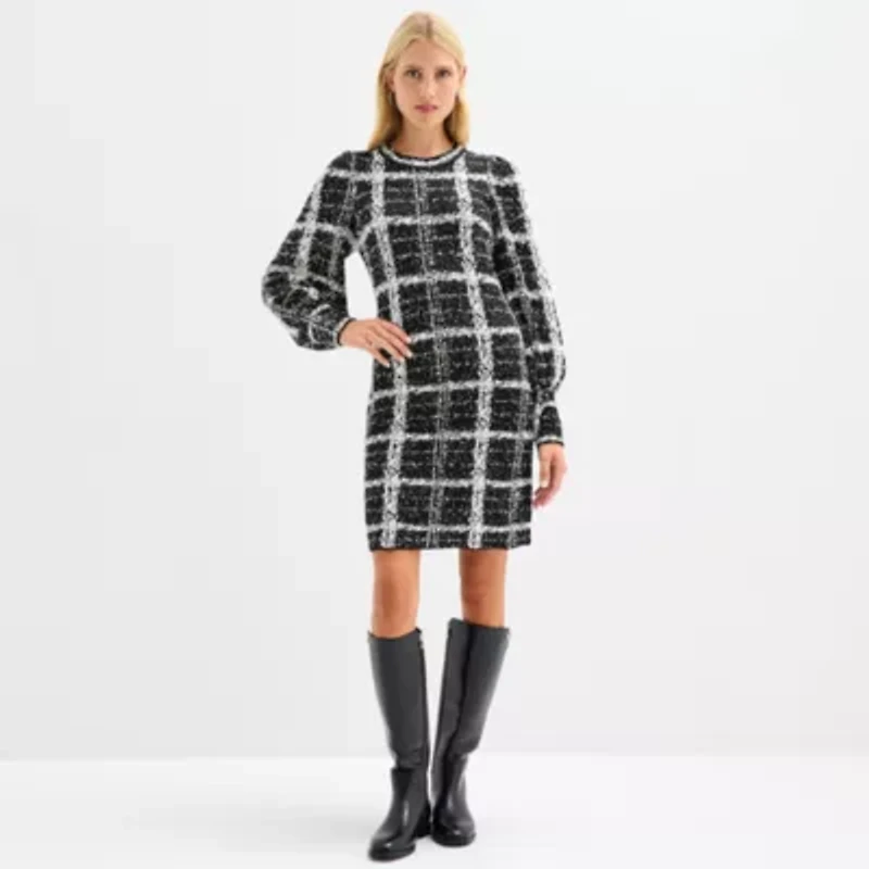 Melonie T Womens Long Sleeve Windowpane Sweater Dress