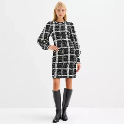 Melonie T Womens Long Sleeve Windowpane Sweater Dress