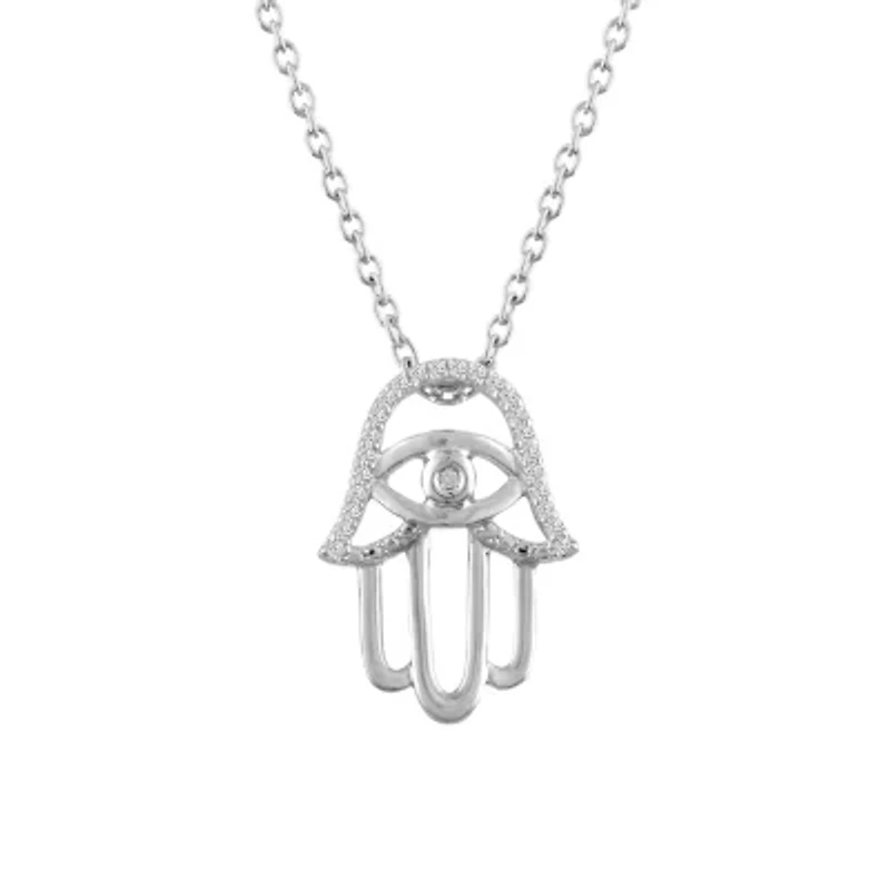 Faith" Womens Diamond-Accent Natural Diamond Hamsa Necklace in Sterling SIlver"