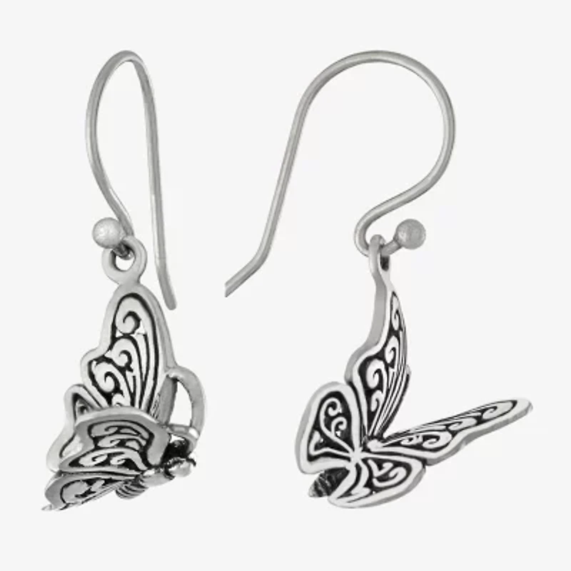 Bali Inspired Womens Sterling Silver Butterfly Drop Earrings