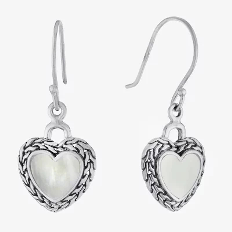 Bali Inspired Womens Genuine White Mother Of Pearl Sterling Silver Heart Drop Earrings