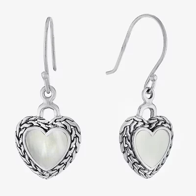 Bali Inspired Womens Genuine White Mother Of Pearl Sterling Silver Heart Drop Earrings