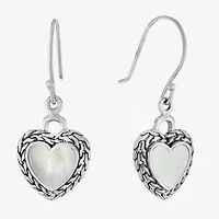 Bali Inspired Womens Genuine White Mother Of Pearl Sterling Silver Heart Drop Earrings