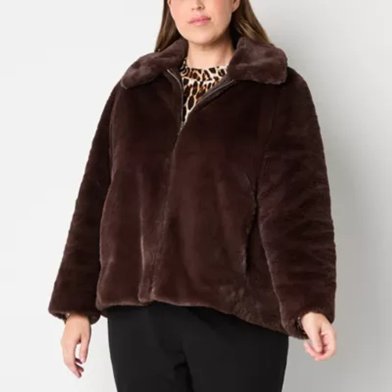 Liz Claiborne Womens Faux Fur Midweight Plus Coat