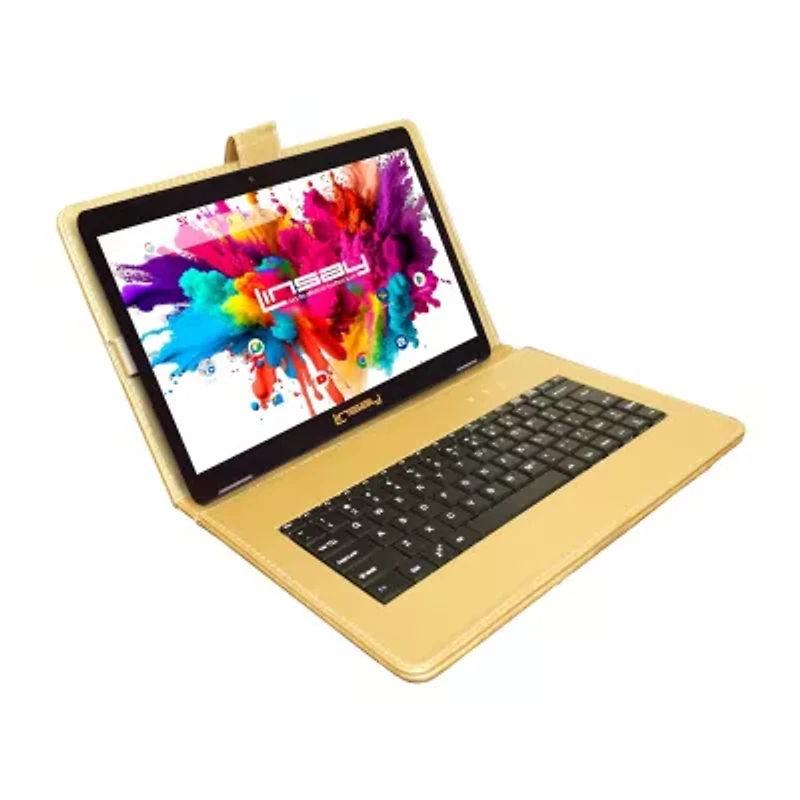 LINSAY® 10.1 Octa Core 128Gb Android 15 Tablet Golden Keyboard