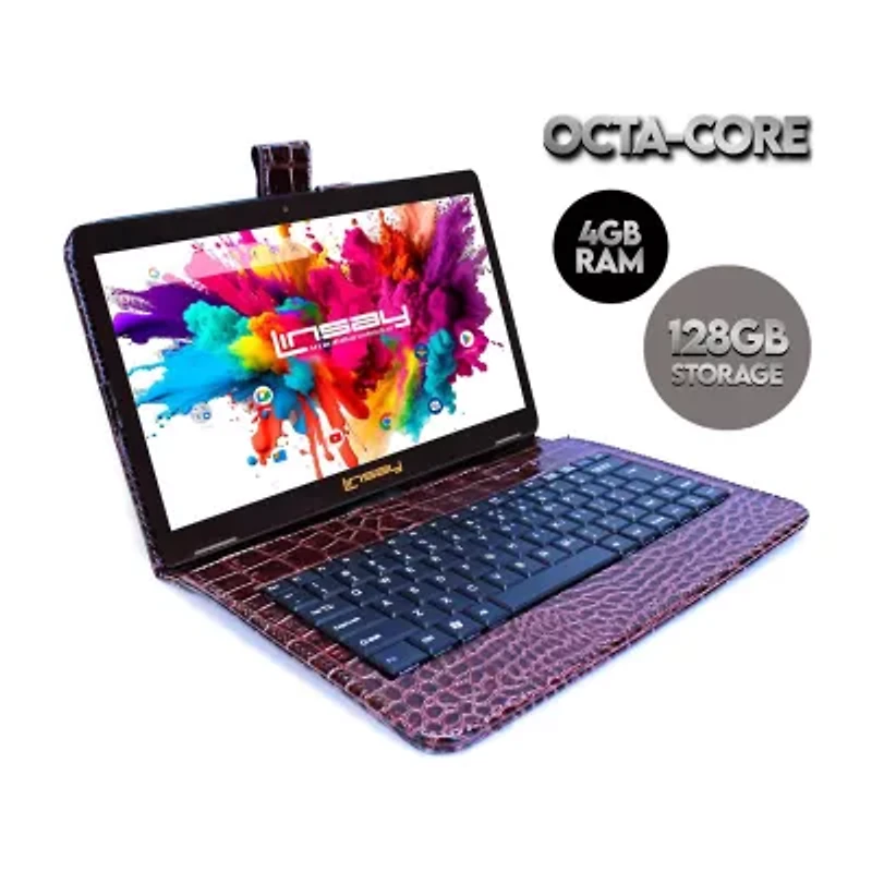 LINSAY® 10.1 Octa Core 128Gb Android 15 Tablet Croc Keyboard