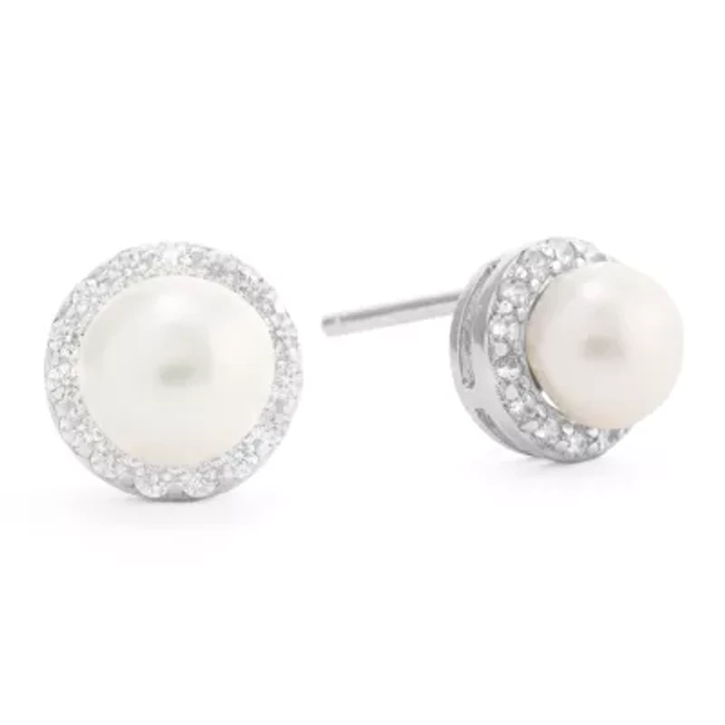 Silver Treasures White Cultured Freshwater Pearl 8.5mm Round Stud Earrings