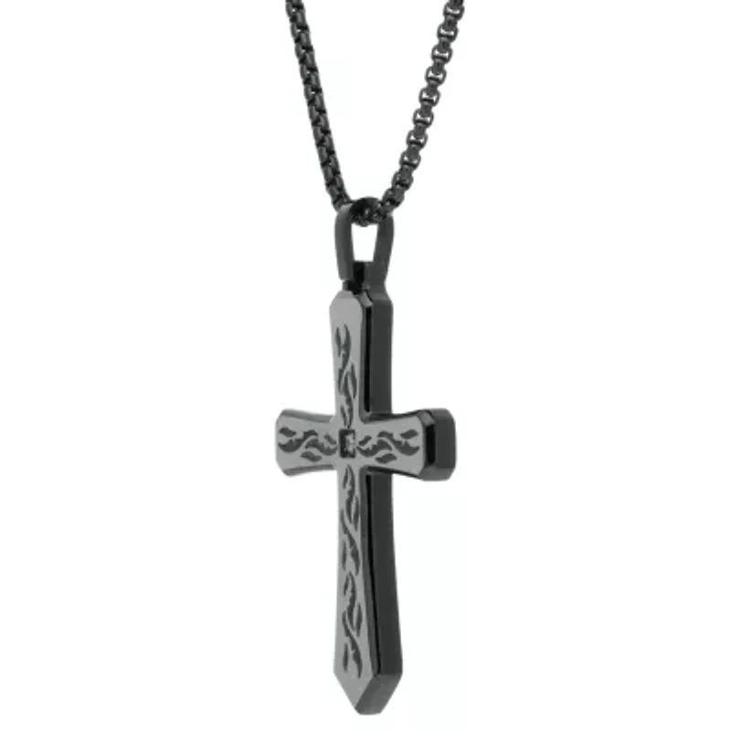 Mens White Cubic Zirconia Sterling Silver Cross 24 Inch Pendant Necklace