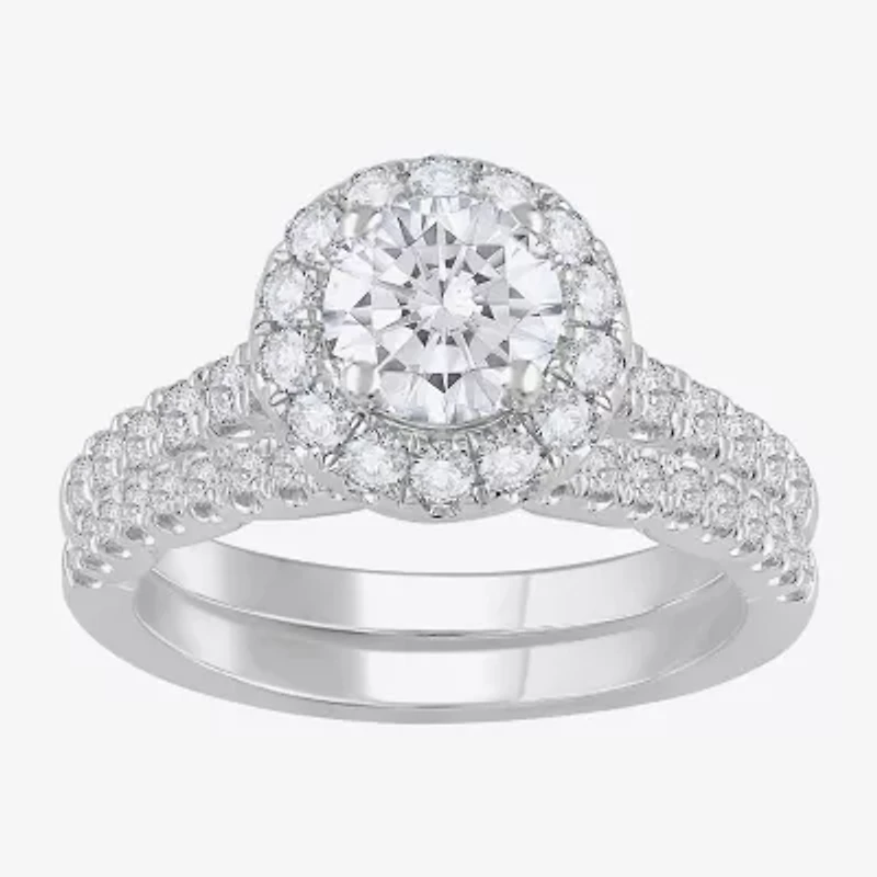 (H-I / Si1) Womens 2 CT. T.W. Lab Grown White Diamond 14K Gold Round Side Stone Halo Bridal Set