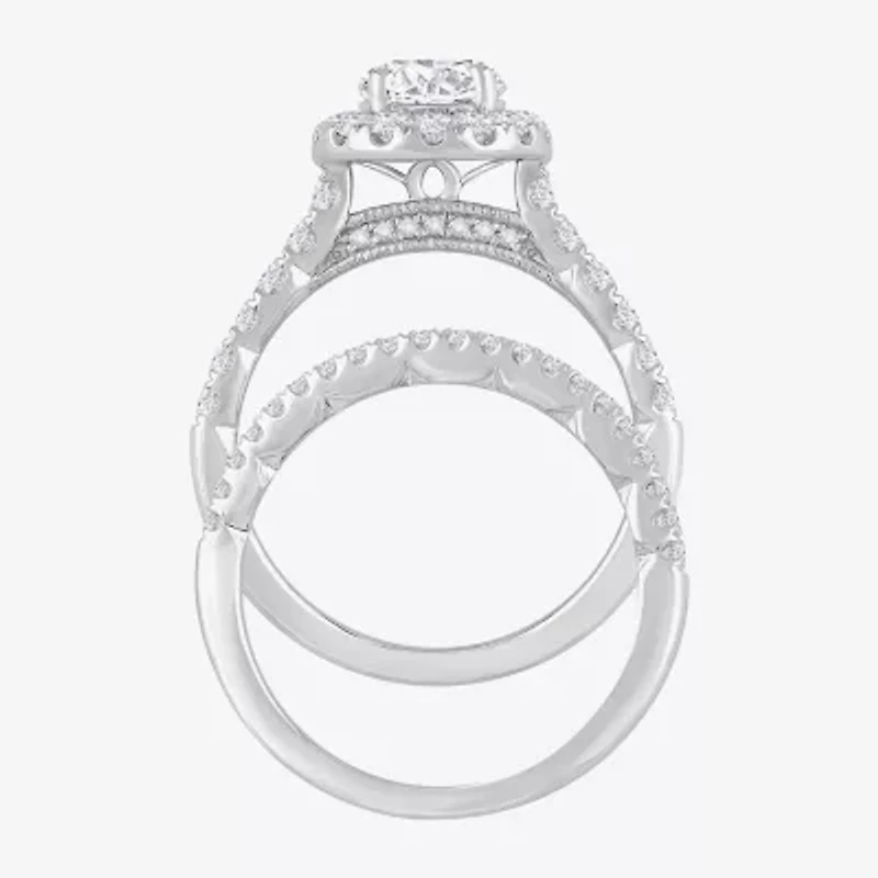 (H-I / Si1) Womens 2 CT. T.W. Lab Grown White Diamond 14K Gold Round Side Stone Halo Bridal Set