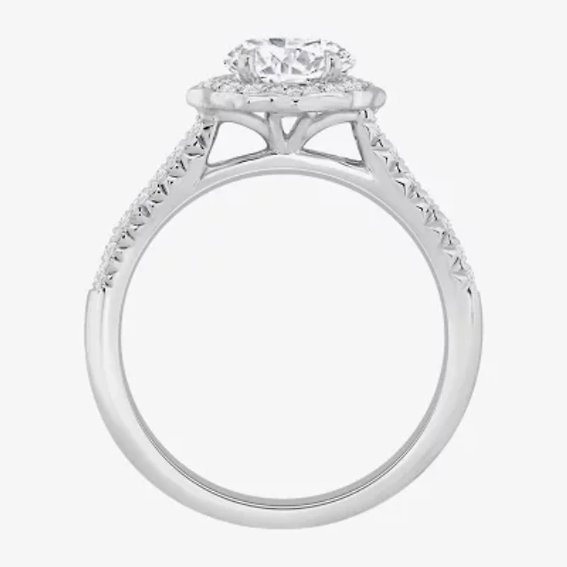 H-I / Si1) Womens 1 1/ CT. T.W. Lab Grown White Diamond 14K Gold Round Side Stone Halo Engagement Ring