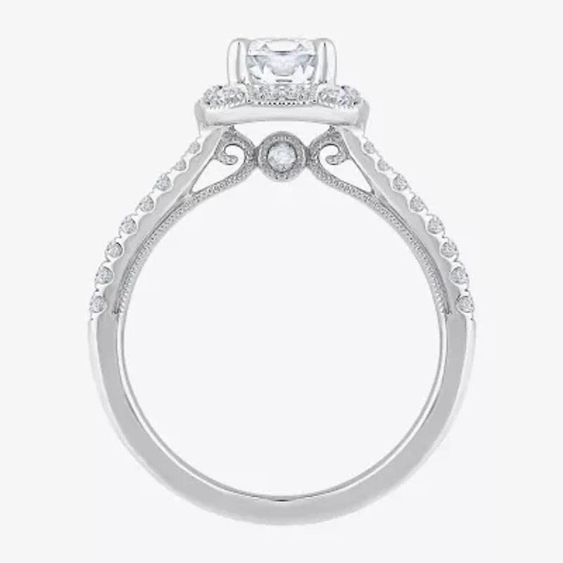 (H-I / Si1) Womens 1 1/3 CT. T.W. Lab Grown White Diamond 14K Gold Cushion Side Stone Halo Engagement Ring