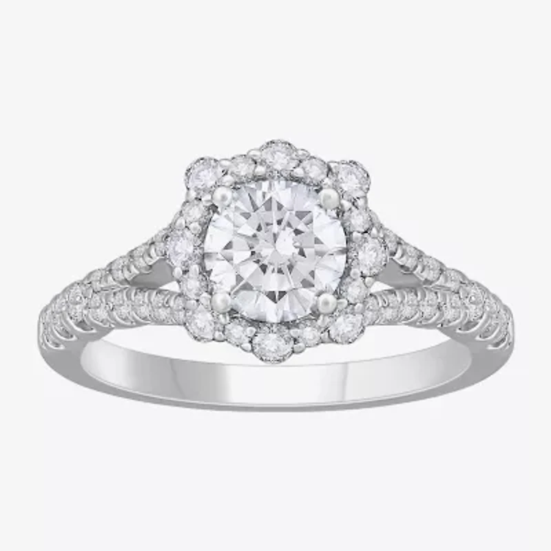 (H-I / Si1) Womens 1 3/4 CT. T.W. Lab Grown White Diamond 14K White Gold Round Side Stone Halo Engagement Ring