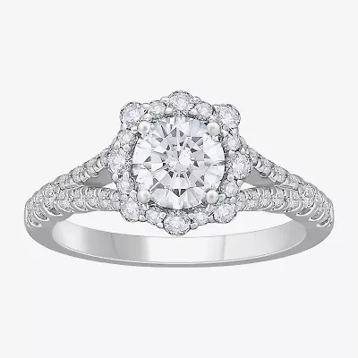 (H-I / Si1) Womens 1 3/4 CT. T.W. Lab Grown White Diamond 14K White Gold Round Side Stone Halo Engagement Ring