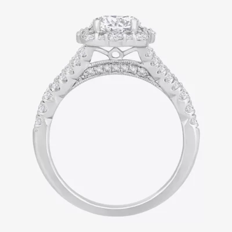 (H-I / Si1) Womens 1 3/4 CT. T.W. Lab Grown White Diamond 14K White Gold Round Side Stone Halo Engagement Ring