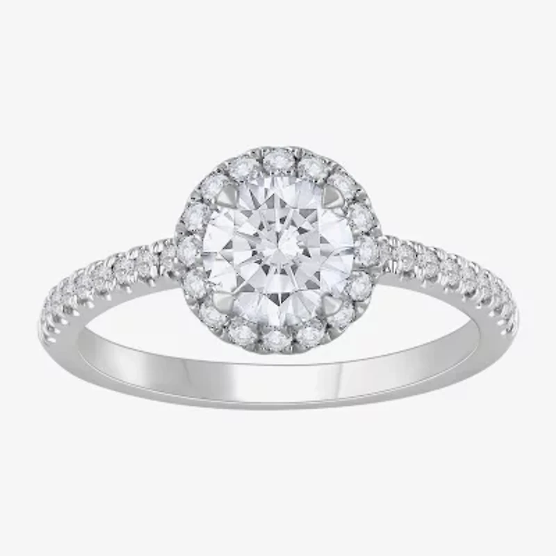 H-I / Si1) Womens 1 3/ CT. T.W. Lab Grown White Diamond 14K White Gold Round Side Stone Halo Engagement Ring