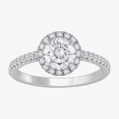H-I / Si1) Womens 1 3/ CT. T.W. Lab Grown White Diamond 14K White Gold Round Side Stone Halo Engagement Ring