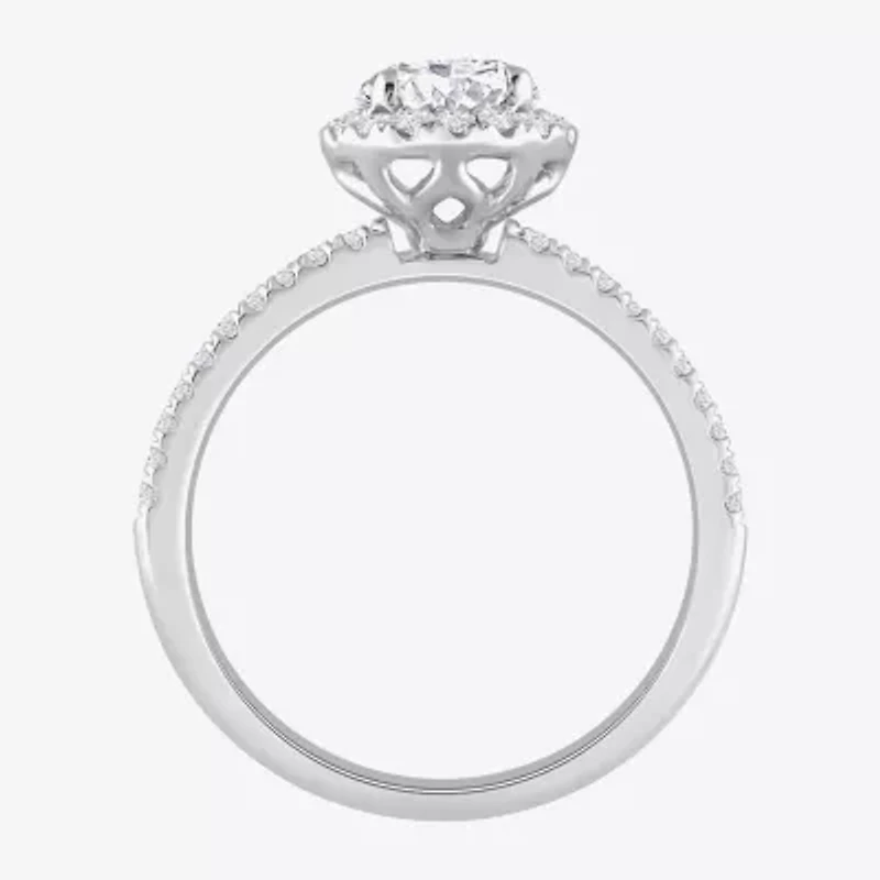 H-I / Si1) Womens 1 3/ CT. T.W. Lab Grown White Diamond 14K White Gold Round Side Stone Halo Engagement Ring