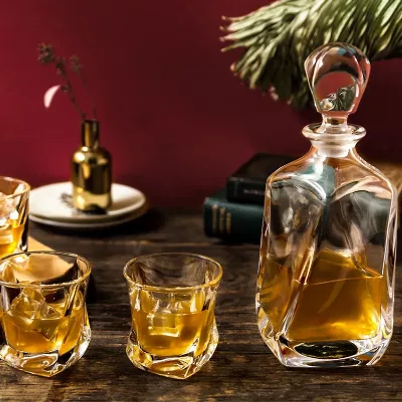 Joyjolt Aurora Whiskey Crystal Decanter, Glass 4 Pc. Drinkware Set