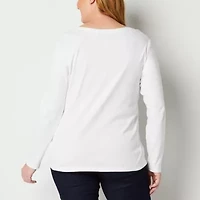 St. John's Bay Womens V Neck Long Sleeve Plus T-Shirt
