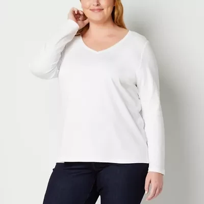 St. John's Bay Womens V Neck Long Sleeve Plus T-Shirt
