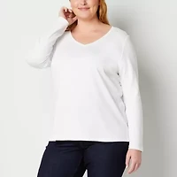 St. John's Bay Womens V Neck Long Sleeve Plus T-Shirt
