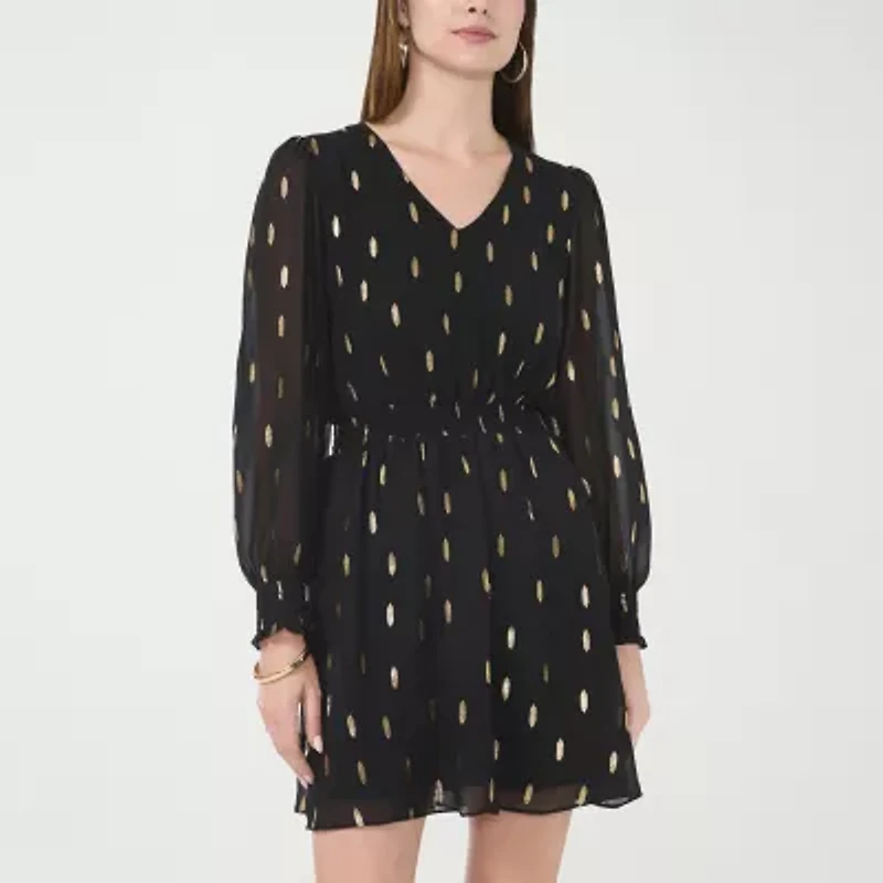 MSK Womens Long Sleeve Dots Fit + Flare Dress