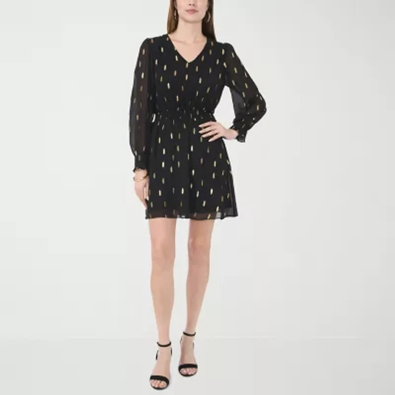 MSK Womens Long Sleeve Dots Fit + Flare Dress