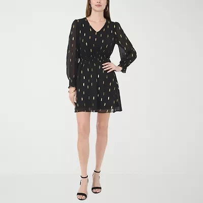 MSK Womens Long Sleeve Dots Fit + Flare Dress