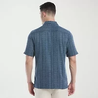 Cubavera Twill Geometric Print Mens Short Sleeve Regular Fit Button-Down Shirt