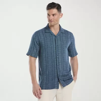 Cubavera Twill Geometric Print Mens Short Sleeve Regular Fit Button-Down Shirt
