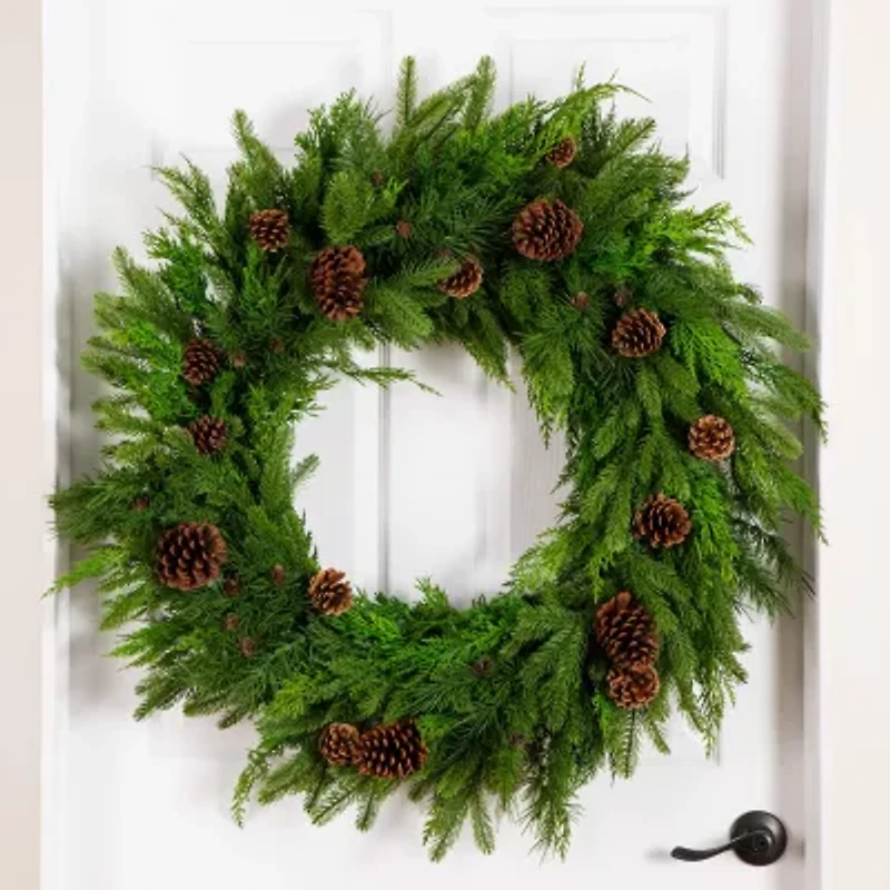 Nearly Natural 30in Mixed Pine Wreath With Pinecones Wreath