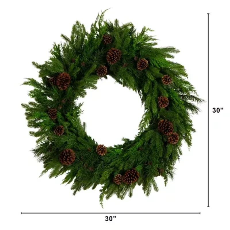 Nearly Natural 30in Mixed Pine Wreath With Pinecones Wreath