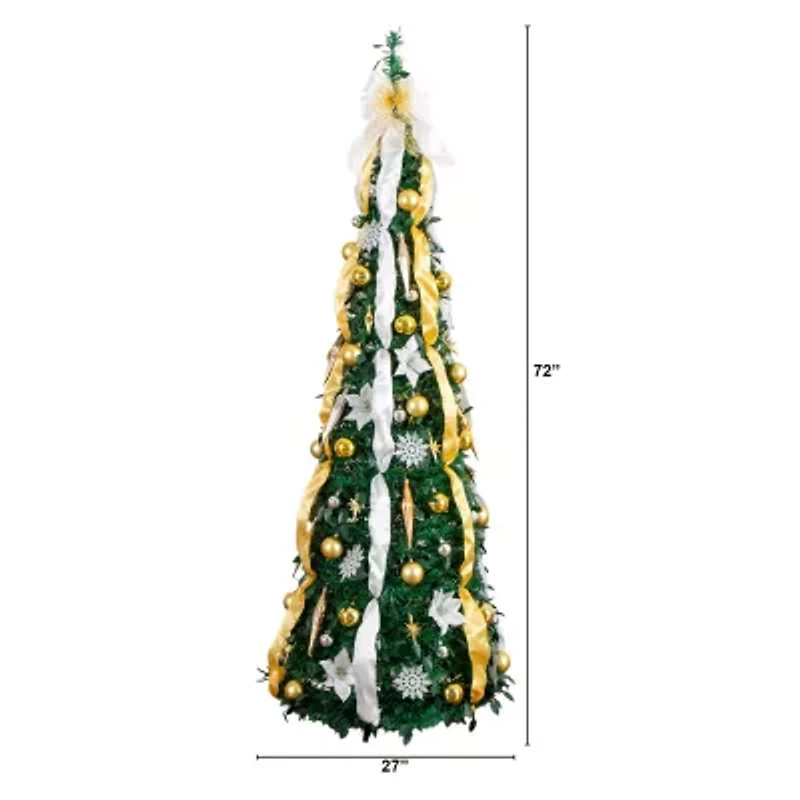 Nearly Natural 6 Foot Pre-Lit Collapsible Pre-Decorated Pine Christmas Tree