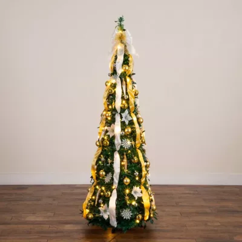 Nearly Natural 6 Foot Pre-Lit Collapsible Pre-Decorated Pine Christmas Tree