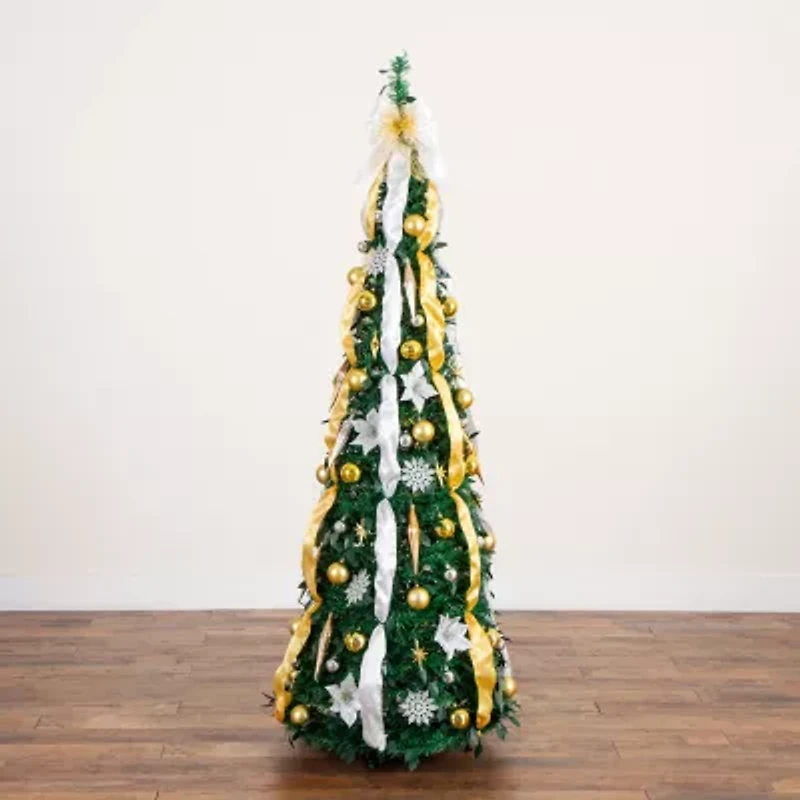 Nearly Natural 6 Foot Pre-Lit Collapsible Pre-Decorated Pine Christmas Tree