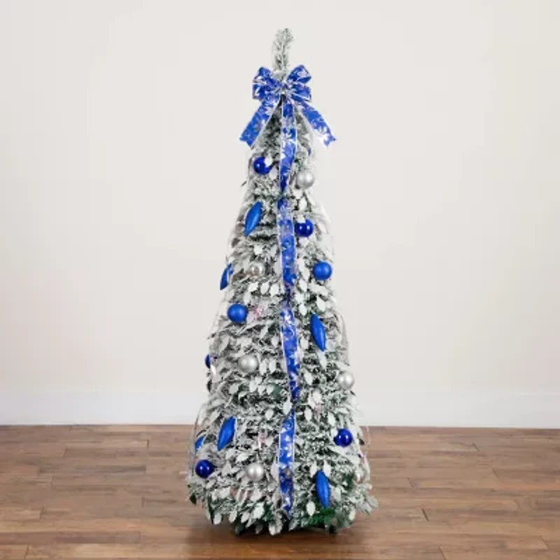 Nearly Natural 5 Foot Pre-Lit Flocked Collapsible Pine Christmas Tree