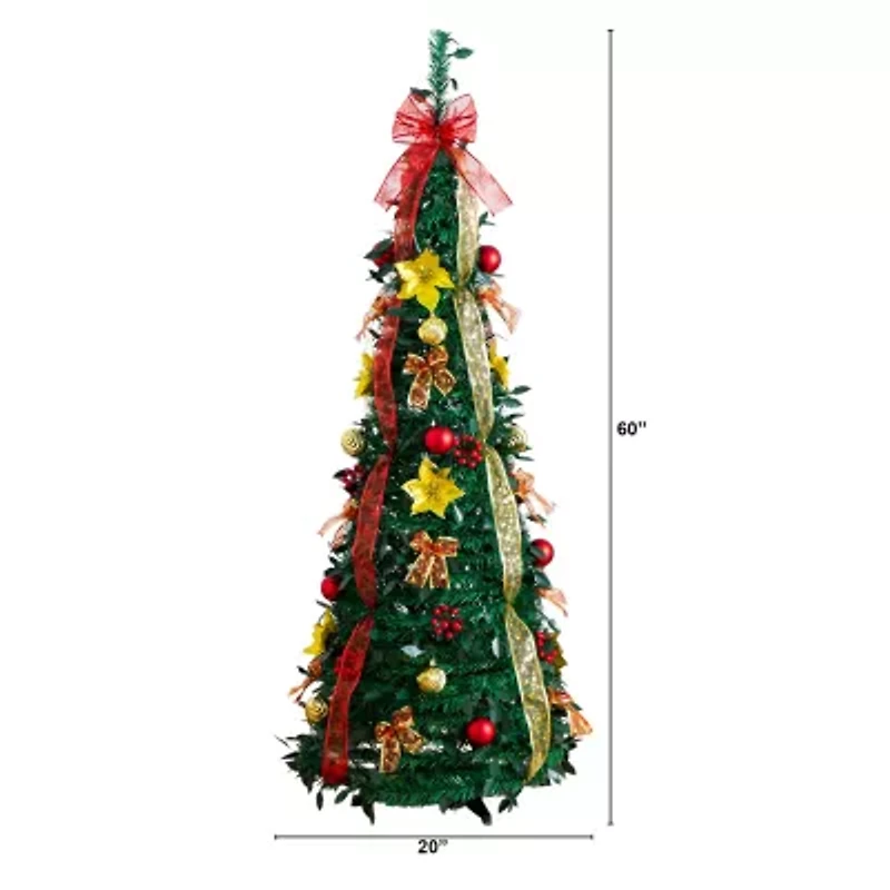 Nearly Natural 5 Foot Pre-Lit Collapsible Pre-Decorated Pine Christmas Tree