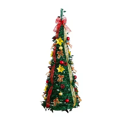 Nearly Natural 5 Foot Pre-Lit Collapsible Pre-Decorated Pine Christmas Tree