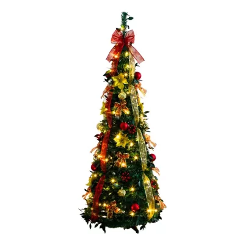 Nearly Natural 5 Foot Pre-Lit Collapsible Pre-Decorated Pine Christmas Tree